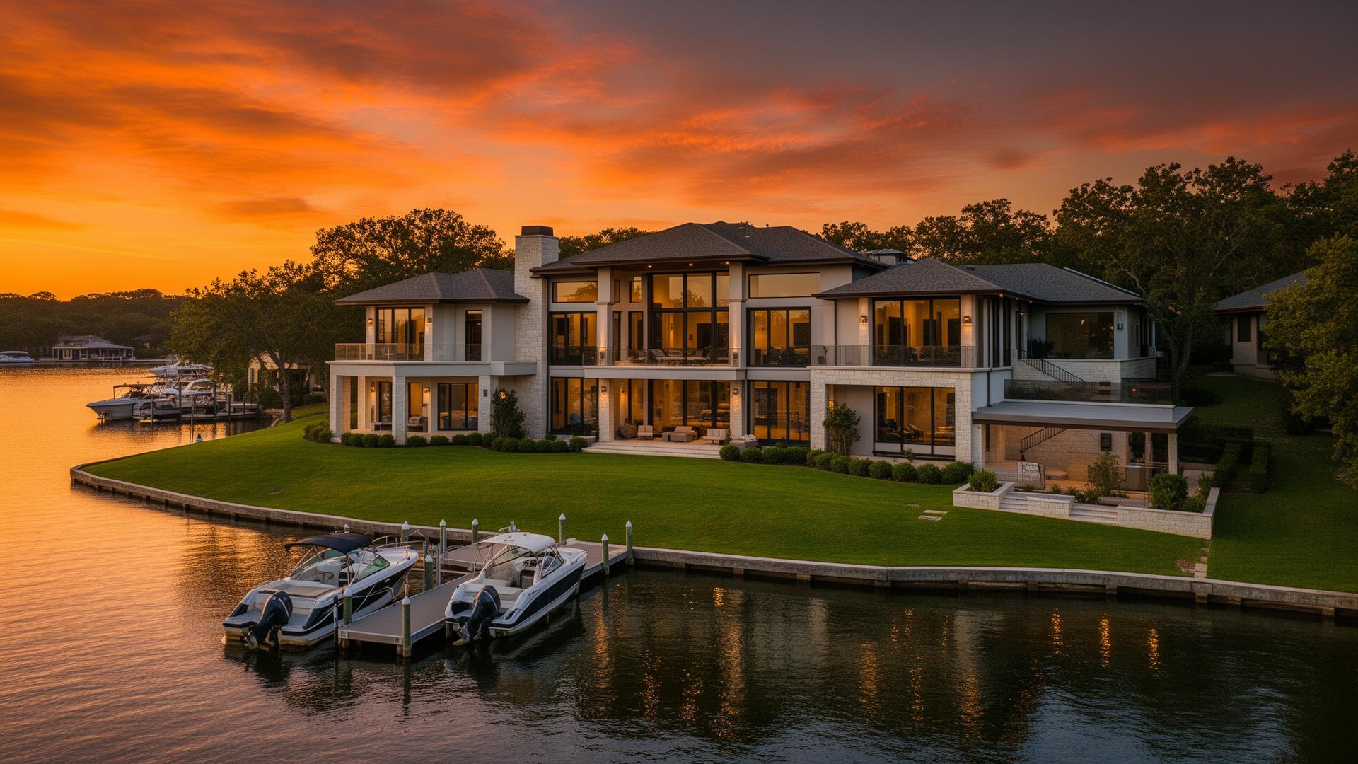 Luxury lakefront home at sunset on Lake Conroe, Texas